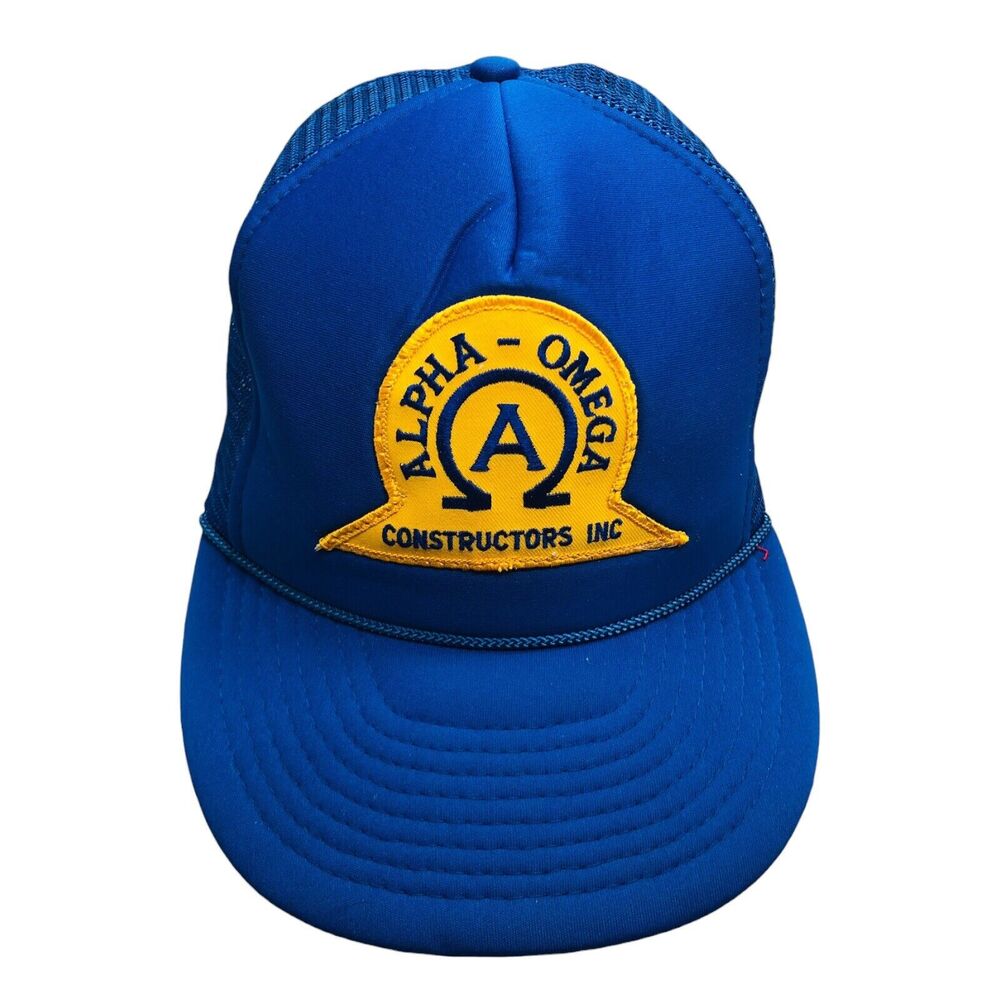 Retro Trucker Hat Alpha Omega Blue Foam Front Rope Mesh Patch SnapBack Y2K 90s